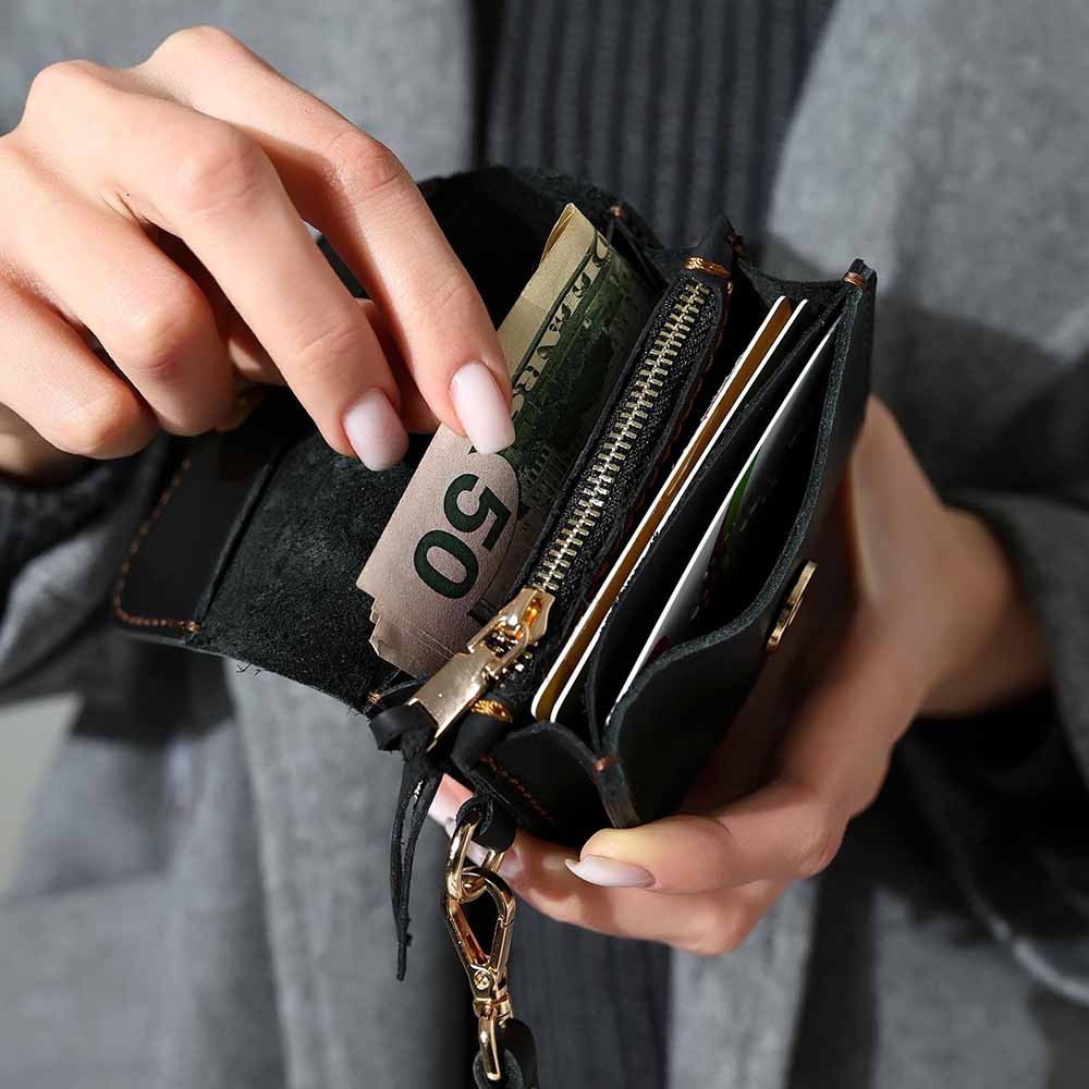 Personalized Women Leather Wallet with Flower, Custom Leather Wristlet Zippered Coin Pocket, Engraved Leather Money & Card Holder Gift Her