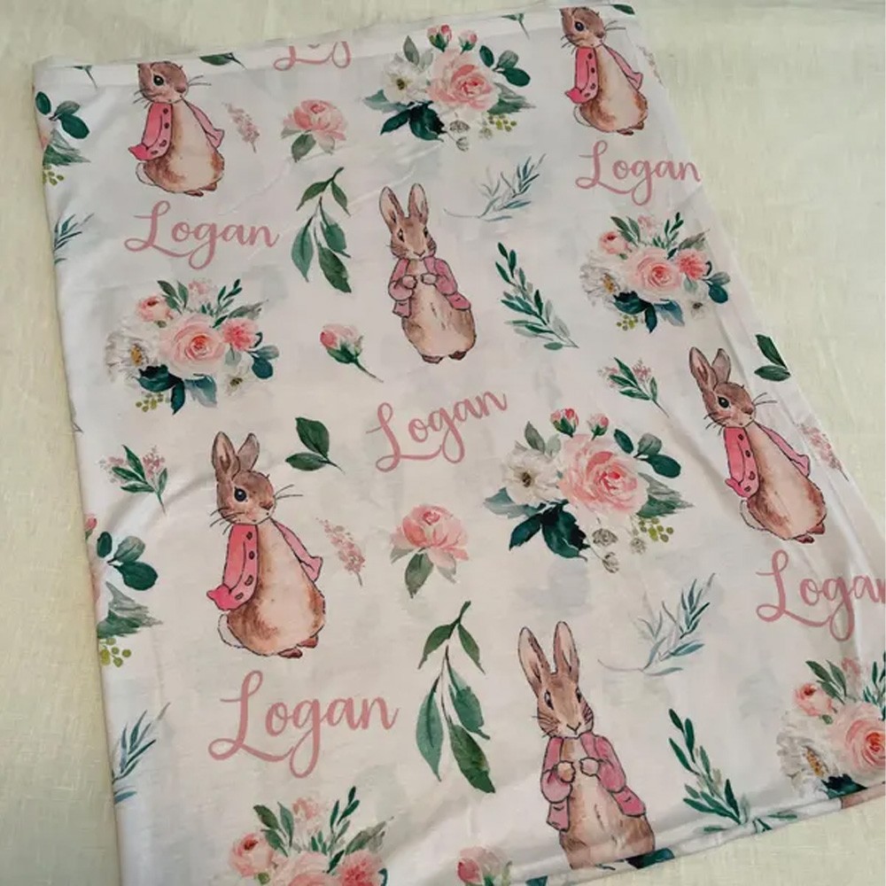 Peter Rabbit Baby Name Swaddle, Greenery Boy Blanket, Personalized Receiving Blanket, Baby Shower Gift, Custom Boy Bedding, Eucalyptus,