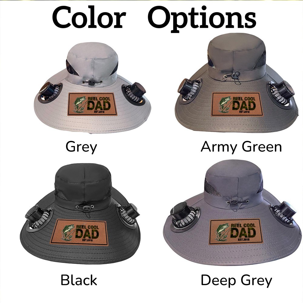 Personalized "Reel Cool Dad" Hat with Dual Fans – Solar & Battery Powered Wide Brim Sun Hat for Outdoor Work & Fishing, Custom Gift for Dad,Grandpa