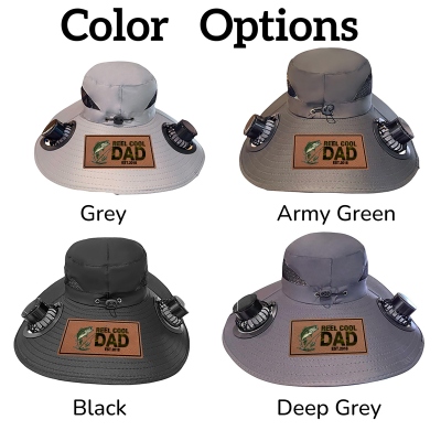 Personalized "Reel Cool Dad" Hat with Dual Fans – Solar & Battery Powered Wide Brim Sun Hat for Outdoor Work & Fishing, Custom Gift for Dad,Grandpa