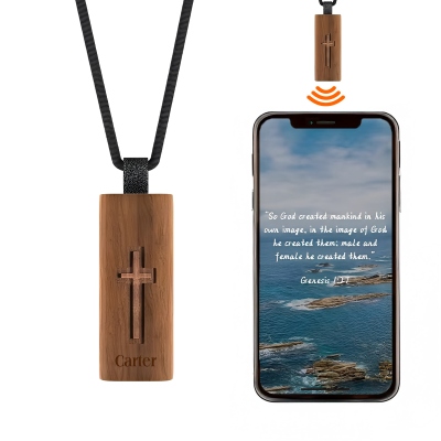 Personalized NFC Bible Pendant, Customized Name Wooden Cross Necklace, Engraved Name, Gift for Christians, Church Gift