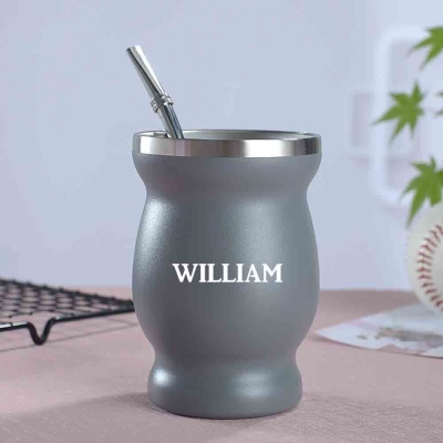 Custom Name Yerba Mate Cup, Stainless Steel 8oz Double-Wall Gourd Water Bottle with Cleaning Brush & Bombillas, Gift for Yerba Mate Lovers/Friends