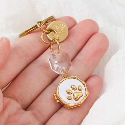 Personalized Birth Flower Locket Keychain with Photos, Vintage Paw Print Crystal Frame Pendant, Anniversary/Birthday Gift for Family/Pet Lovers/Her