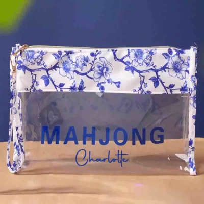 Personalized Blue and White Porcelain Mahjong Storage Bag, Customized Name, Large Capacity Waterproof Transparent Storage Bag, A Gift for Mahjong Lovers