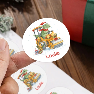 Custom Name Cartoon Dinosaur Construction Vehicle Christmas Stickers, Box/Package/Envelope Decals, Holiday Gift Labels, Christmas Gift for Kids/Boys