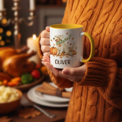 Custom Fall Pumpkins Dog Mug, Personalized Name Coffee Cup with Coaster, Thanksgiving Birthday Gift for Dog Owner Lover
