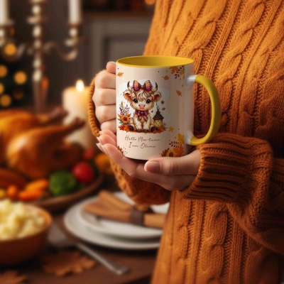 Personalised Autumn Highland Cow Pumpkins Mug, Thanksgiving Coffee Cup with Coaster and Name, Thanksgiving Gift for Highland Cow Lover