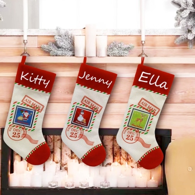 Personalized Embroidered Name Christmas Stocking, Knitted Family Stamp Design Stocking, Winter Holiday Home Decor, Christmas Gift for Family/Kids