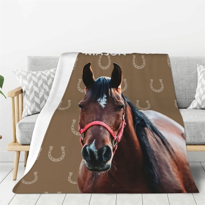 Personalized Name Horse Portrait Blanket, Multicolor Horseshoes Flannel/Sherpa Throw, Birthday/Christmas/Memorial Gift for Horse Lovers/Equestrians