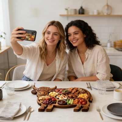 Charkuteribräda av höglandskon med graverat namn, serveringsbräda i trä med flera fack, kökstillbehör, inflyttningspresent till familjen