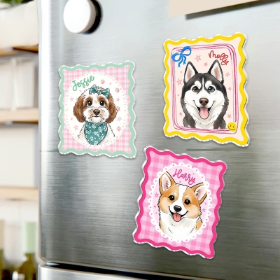 Personlig akvarell husdjursporträtt tecknad kylskåpsmagnet med namn, söt katt/hund fotorammagnet, heminredning, födelsedagspresent för husdjursägare/älskare