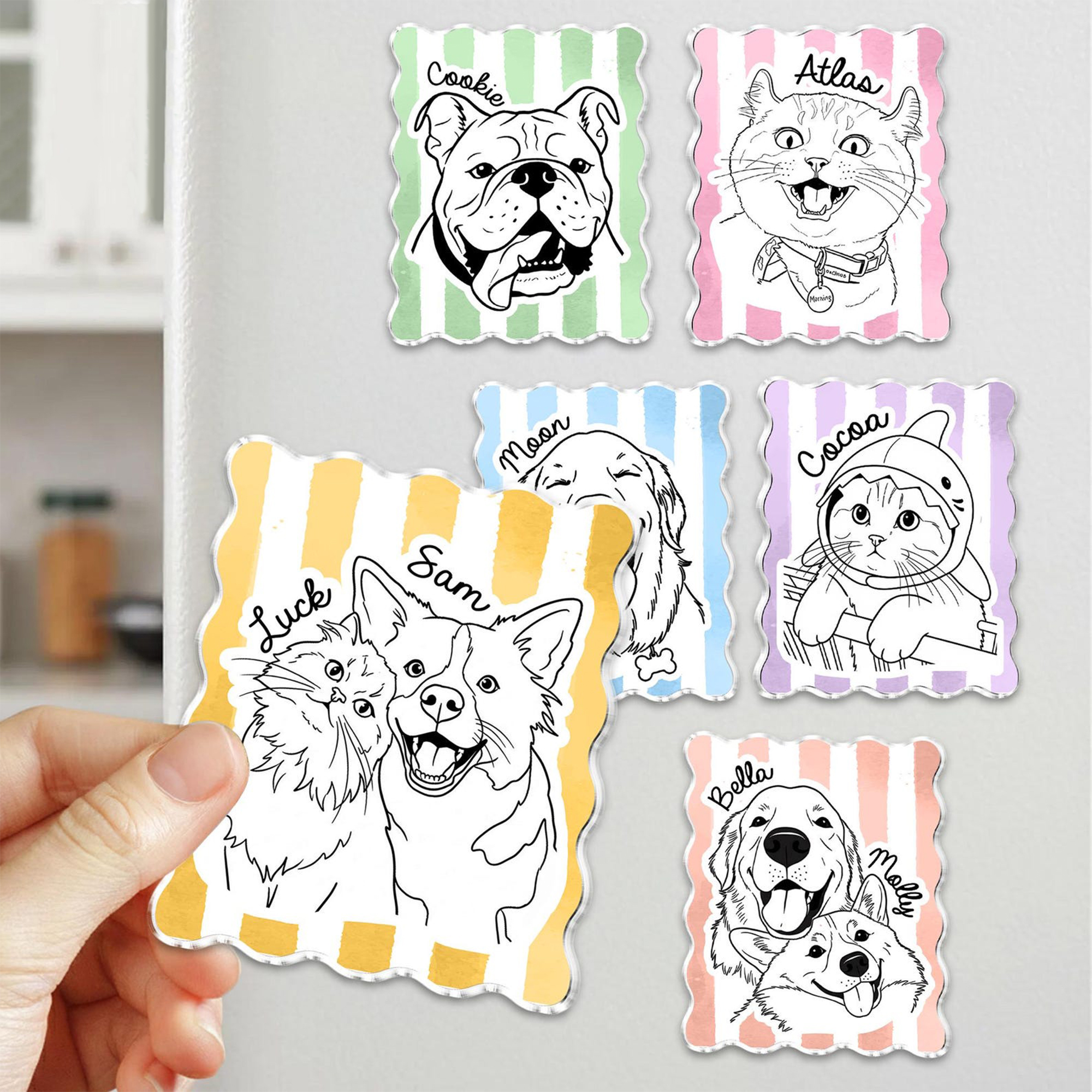Custom Pet Portrait Striped Fridge Magnet with Name, Hand-Drawn Dog/Cat Photo Line Art Magnet, Home Decor, Birthday Gift for Pet Owners/Dog Mom/Family