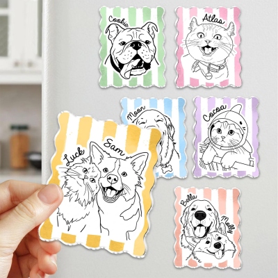 Custom Pet Portrait Striped Fridge Magnet with Name, Hand-Drawn Dog/Cat Photo Line Art Magnet, Home Decor, Birthday Gift for Pet Owners/Dog Mom/Family