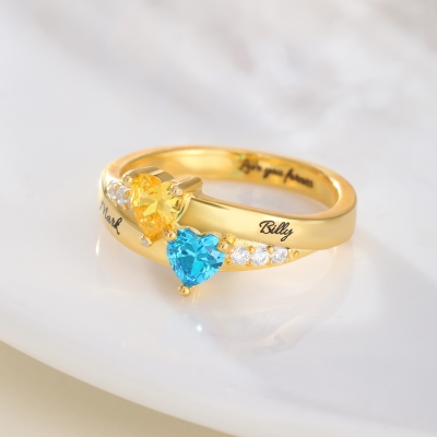 Engraved Double Heart Birthstone Ring Sterling Silver