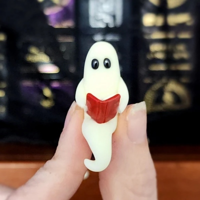 Pet Ghost Reading a Book, Miniature Shelf Sitter Figurine, Handmade Halloween Decoration, Spooky Cute Glow in the Dark