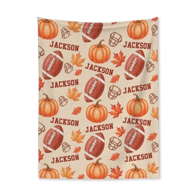 Personalized Autumn Football Blanket, Custom Name Pumpkin Maple Leaf Blanket, Thanksgiving Birthday Gift for Football Lover