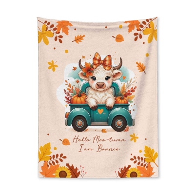Personalised Autumn Highland Cow Pumpkins Blanket, Thanksgiving Blanket with Name, Thanksgiving Birthday Gift for Highland Cow Lover