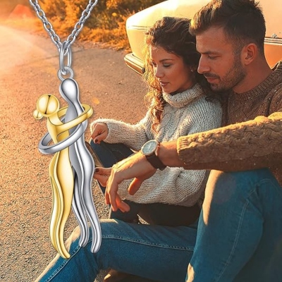 Parhalsband, Romantiskt hänge i sterlingsilver 925 med kärleksfigurer som kramar, Alla hjärtans dag/årsdag/födelsedagspresent till par/honom/henne