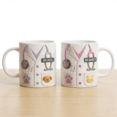 Custom 3D Stethoscope Pet Theme Mug with Name, 11/15oz Ceramic Coffee Hot Cocoa Mug with Realistic Accessories, Gift for Veterinarian/Medical Staff