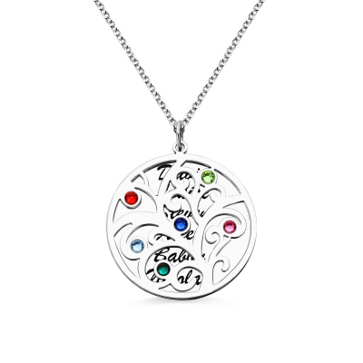 Family Tree Pendant Necklace With Birthstone Silver