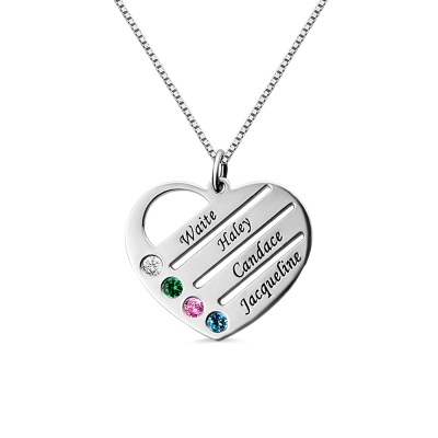 Personalized Heart Pendant Necklace with 1-4 Names & Birthstones