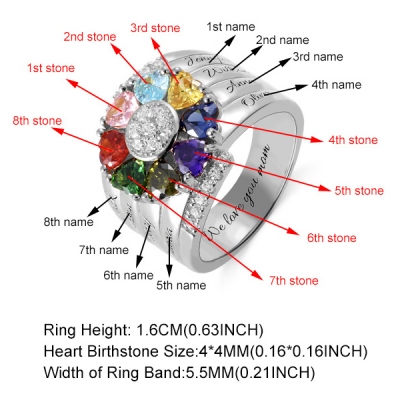 Personalized Heart Birthstone Ring With Engraving Silver