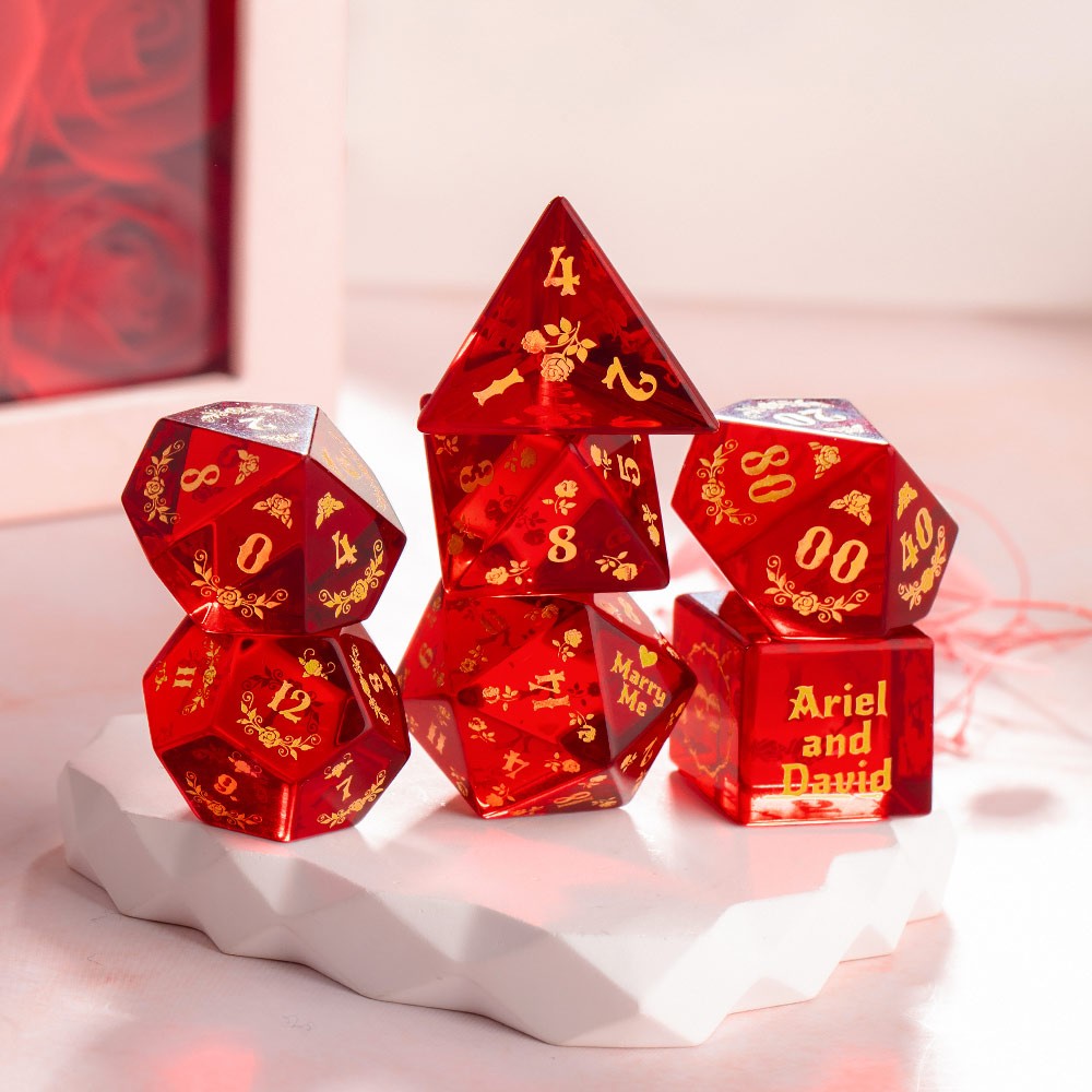 Custom Red Glass Romantic Rose Dice | Bard Seduce the Dragon Dice