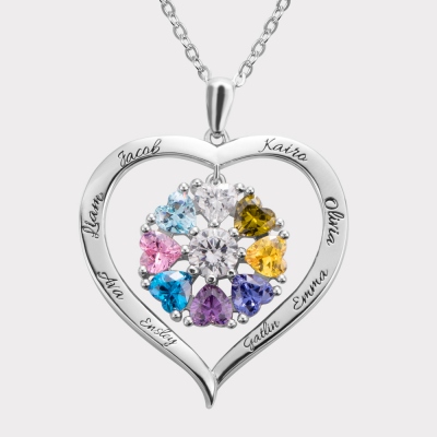 Personalized 8 Heart Birthstones Necklace with Engraving in Silver