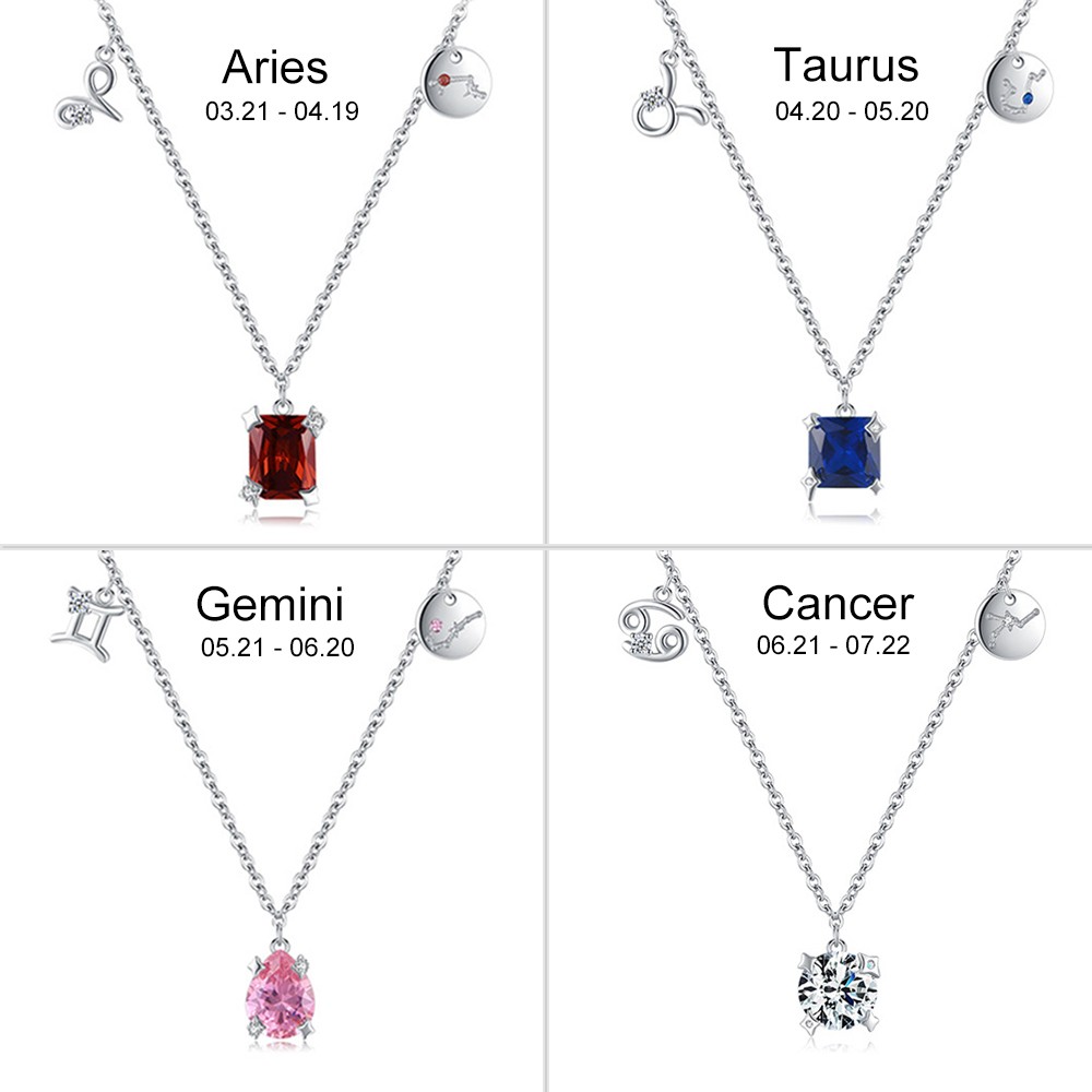 Zodiac Sign Birthstone Pendant Necklace, Sterling Silver 925 Astrology Constellation Jewelry, Birthday/Anniversary/Christmas Gift for Women/Girls