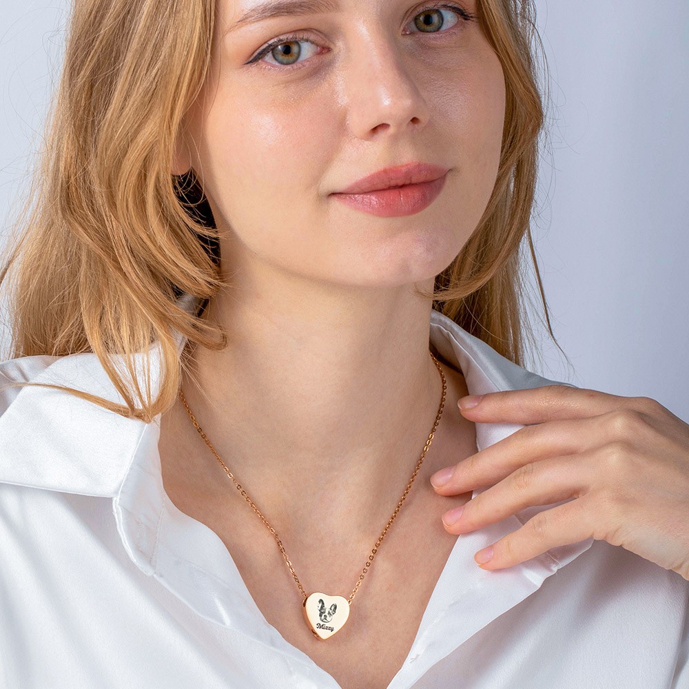 Paw Print Heart Memorial Necklace - Stainless Steel Pet Ashes Urn Jewelry For Dog Or Cat Loss