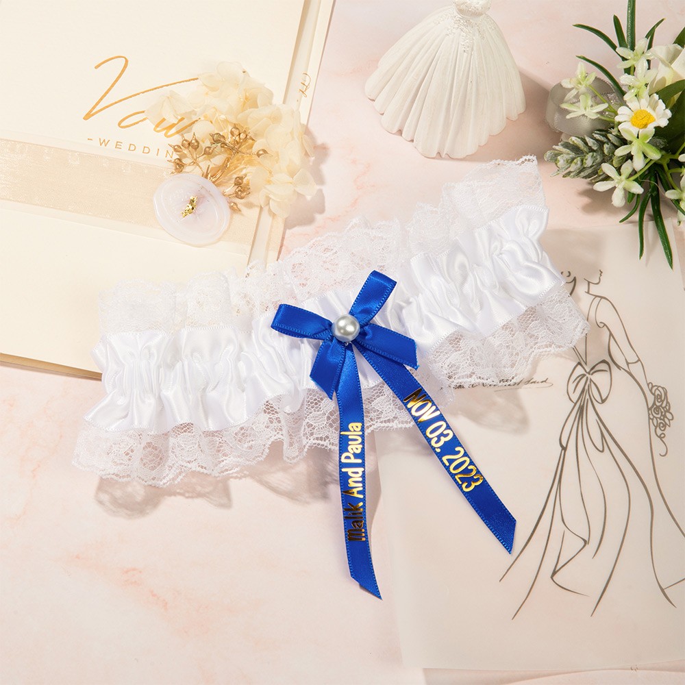 Personalized Garter, White and Blue, Something Blue, Wedding Gift for the Bride