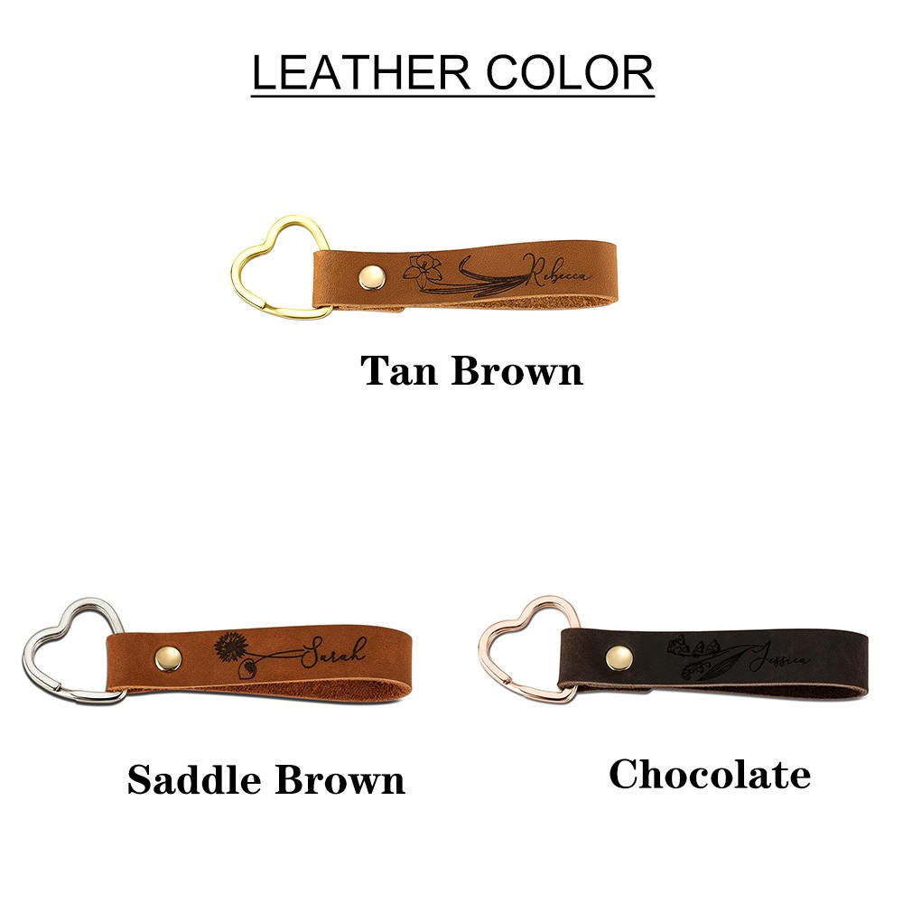 Custom Name Birth Flower Keychain, Cowhide Leather Keyring for Tote