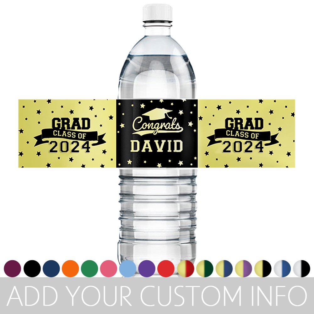 Etichette personalizzate per bottiglie d'acqua di laurea, set di 20 pezzi, adesivi impermeabili per laurea, adesivi per bottiglie d'acqua, decorazioni per feste di laurea