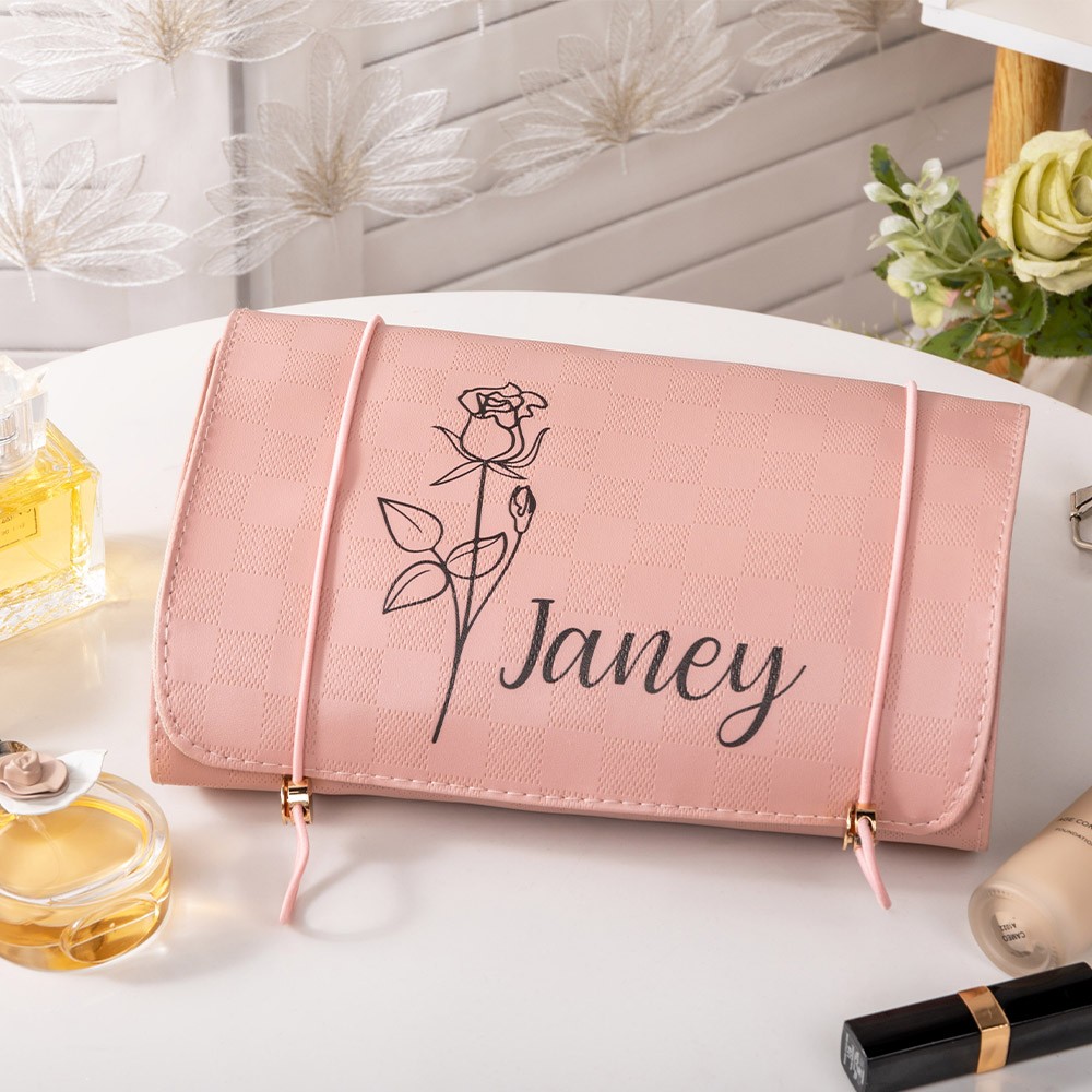 Personalized Name And Birth Flower Cosmetic Travel Bags, Foldable Make Up Organizer, Makeup Bag, Hanging Toiletry Bag for Women, Weekender Bag