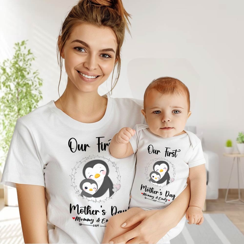 Unser erstes Muttertags-Mutter- und Baby-Set/passendes Hemd, Geschenk für Mama und Baby, Mama-Baby-Pinguine, T-Shirt-Body, Strampler, Babygrow-Weste-Set, Geschenk für neue Mutter, Muttertagsgeschenk