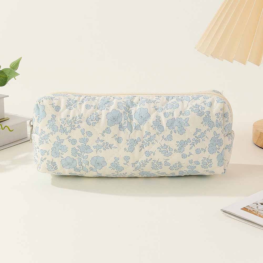 Personalized Name Plaid Floral Quilted Cotton Pencil Case, Cute Creamy Blue Cosmetic Bag, Small Capacity Makeup Bag, Embroidered Makeup Bag