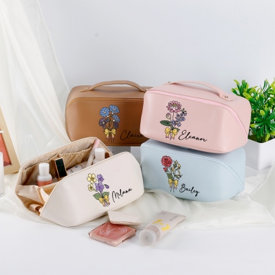 Trousse de maquillage personnalisée avec nom et fleur de naissance et nœud, trousse de maquillage de voyage en cuir PU avec poignée, cadeau d'anniversaire/de mariage pour maman/sœur/demoiselles d'honneur