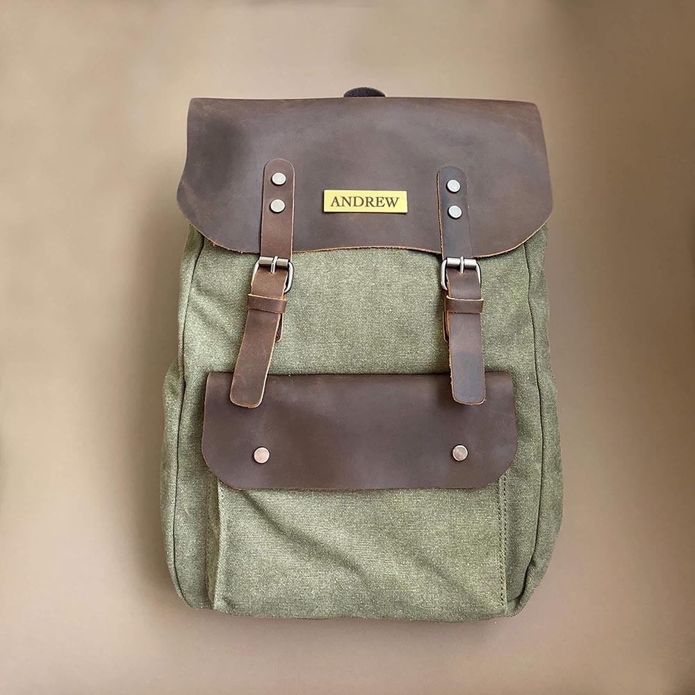 Personalized Name Tag Travel Backpack, Canvas Leather Backpack, Large Capacity Commuter Laptop Backpack, Christmas Gift