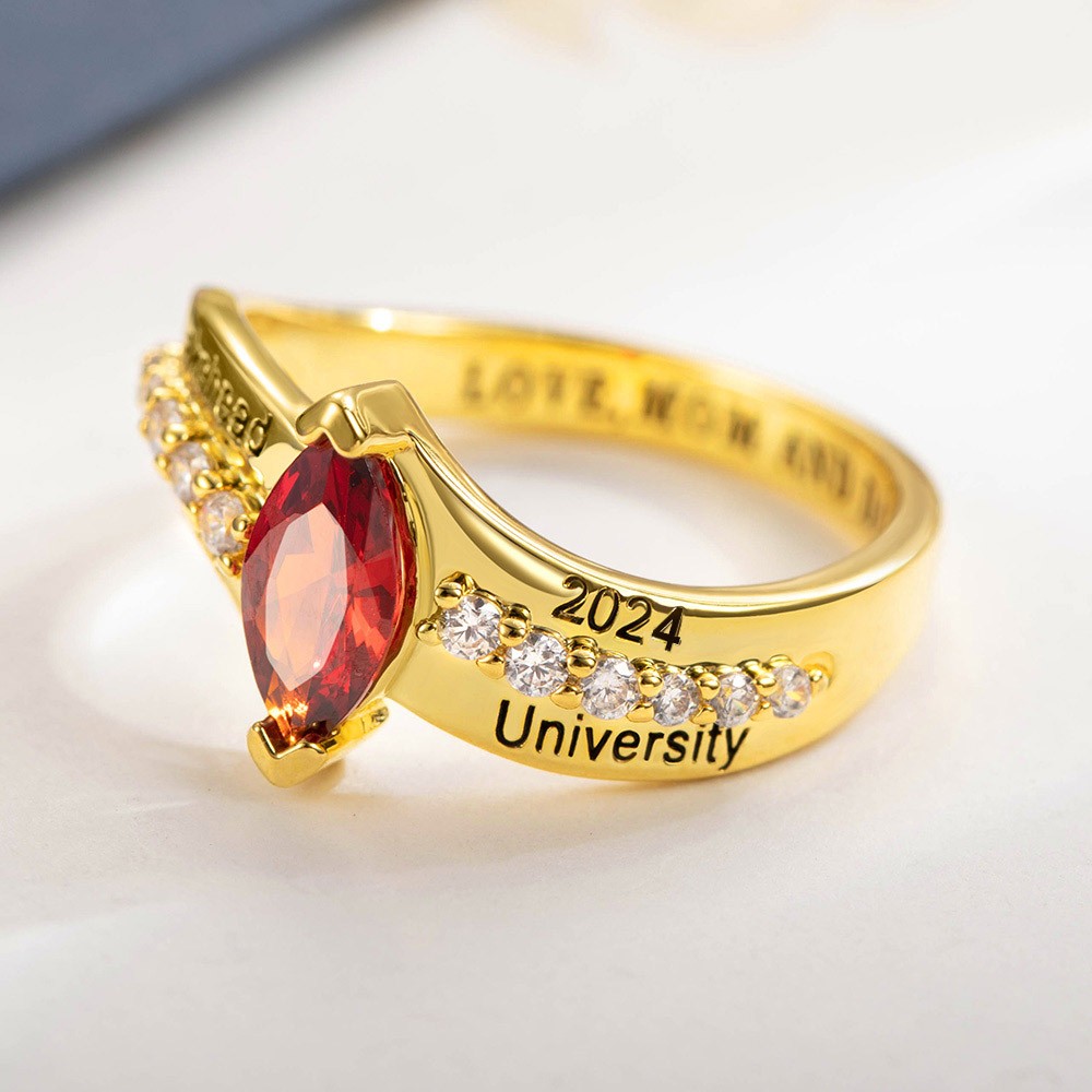 Personalized Birthstone School Class Ring with Engraved 2 School Names, High School University Mementos Jewelry, Class of 2024 Graduation Gift for Her