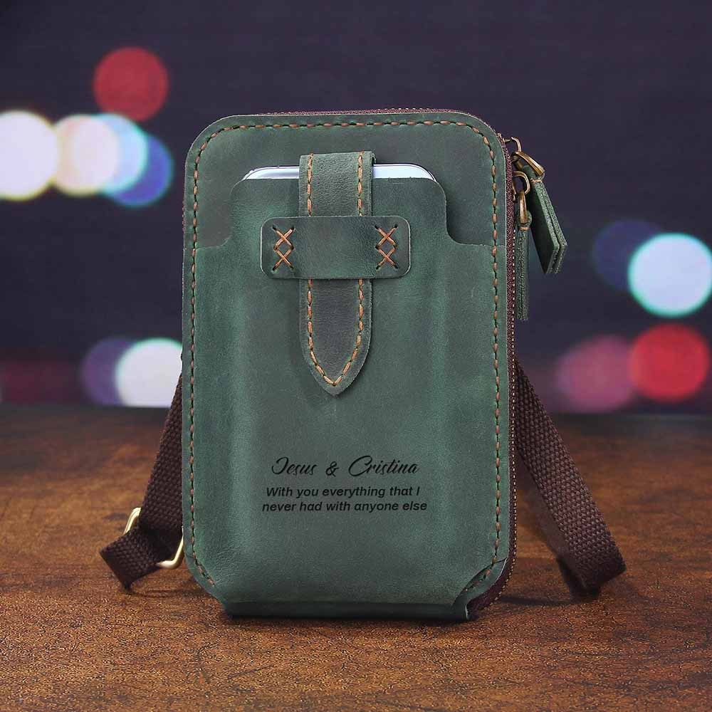 Personalized Leather Belt Pouch, Handmade Waist Bag, Leather Crossbody Bag with Card Holder, Custom Men‘’s Phone Holster Bag, Gifts for Dad