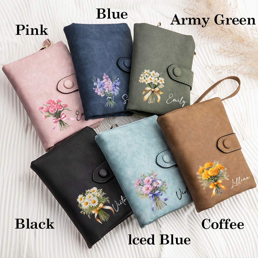 Personalized Name Birth Flower Wallet, PU Leather Card Holder with Wrist Strap, Birthday/Mother's Day/Wedding Gift for Her/Mom/Grandma/Bridesmaids