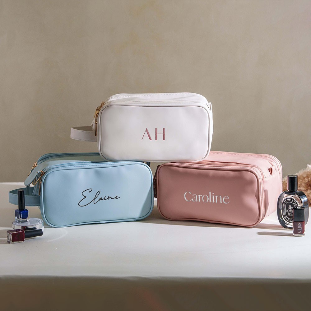 Personalized Embroidered Name Bag, Custom Leather Toiletry Bags, Large Capacity Cosmetic Bag, Makeup Organizer with Multiple Compartments, Christmas/Bridesmaid Gift for Her