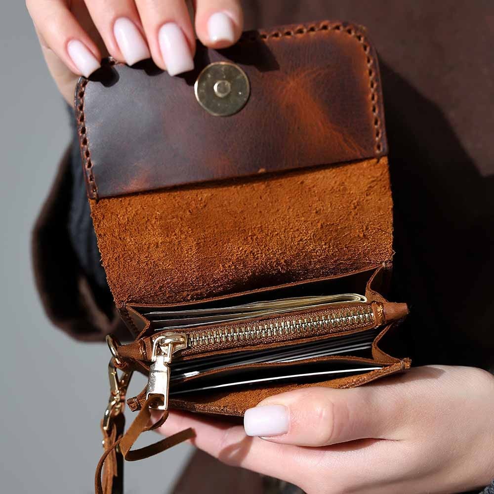 Personalized Women Leather Wallet with Flower, Custom Leather Wristlet Zippered Coin Pocket, Engraved Leather Money & Card Holder Gift Her