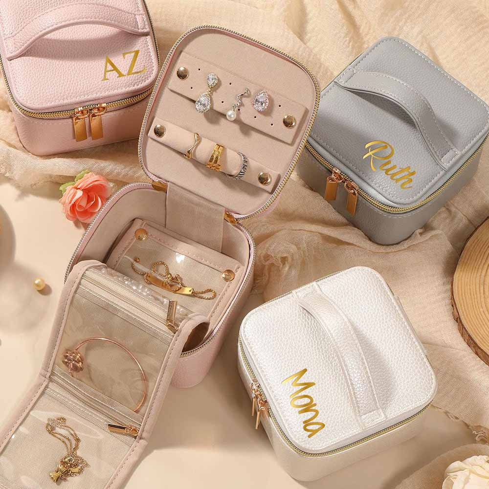Personalized Leather Jewelry Box, Name Travel Jewelry Case, Bridesmaid Proposal, Custom Bridal Party Gift, Wedding Favor, Valentines Day Gifts