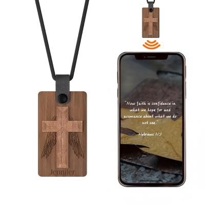Personalized NFC Bible Pendant, Customized Name Wooden Cross Necklace, Engraved Name, Gift for Christians, Church Gift
