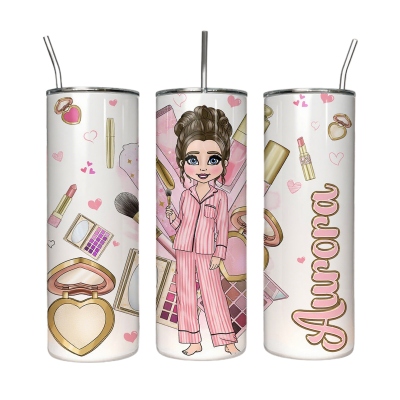 Personalised Love Makeup Lady in Pyjamas & Pink Cosmetics 20oz Straight Tumbler,Pajama Party Gifts