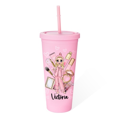 Personalized Makeup Pajamas for Women with Pink Makeup and 24oz Pink Cup with Straw, Perfect for Party Favors or Gifts for Her