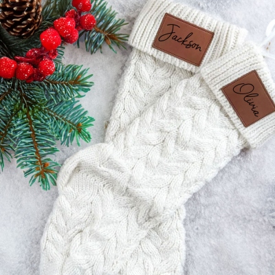 Personalized Family Name Christmas Stockings, Leather Patch Christmas Stockings, Custom Christmas Stockings with Name, Christmas Gift for Family