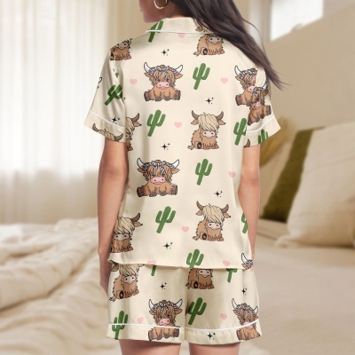 Personalized Name Highland Cow Short Satin Pajamas, Western Cactus Sleepwear Shorts, Bachelorette Party Pajamas, Gift for Highland Cow Lovers/Friends