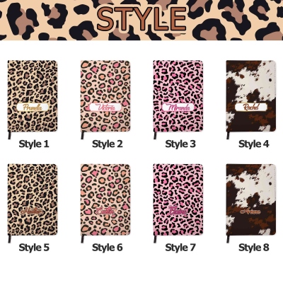Personalized Animal Print Notebook, Custom Name Journal, Multi-Color Leopard & Highland Cow Pattern, Stylish Gift